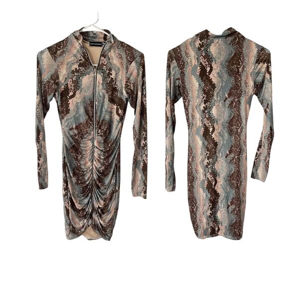 Prettylittlething Blue Snake Print Slinky Zip Front Collar Bodycon Dress Size 4 - Picture 2 of 12